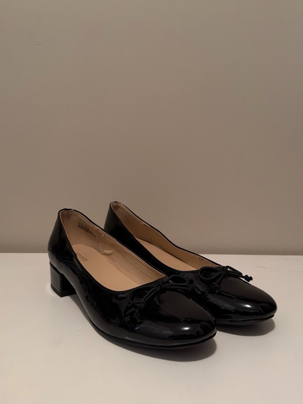 crown & ivy Black Patent Low Block Heel Pumps with Bow
